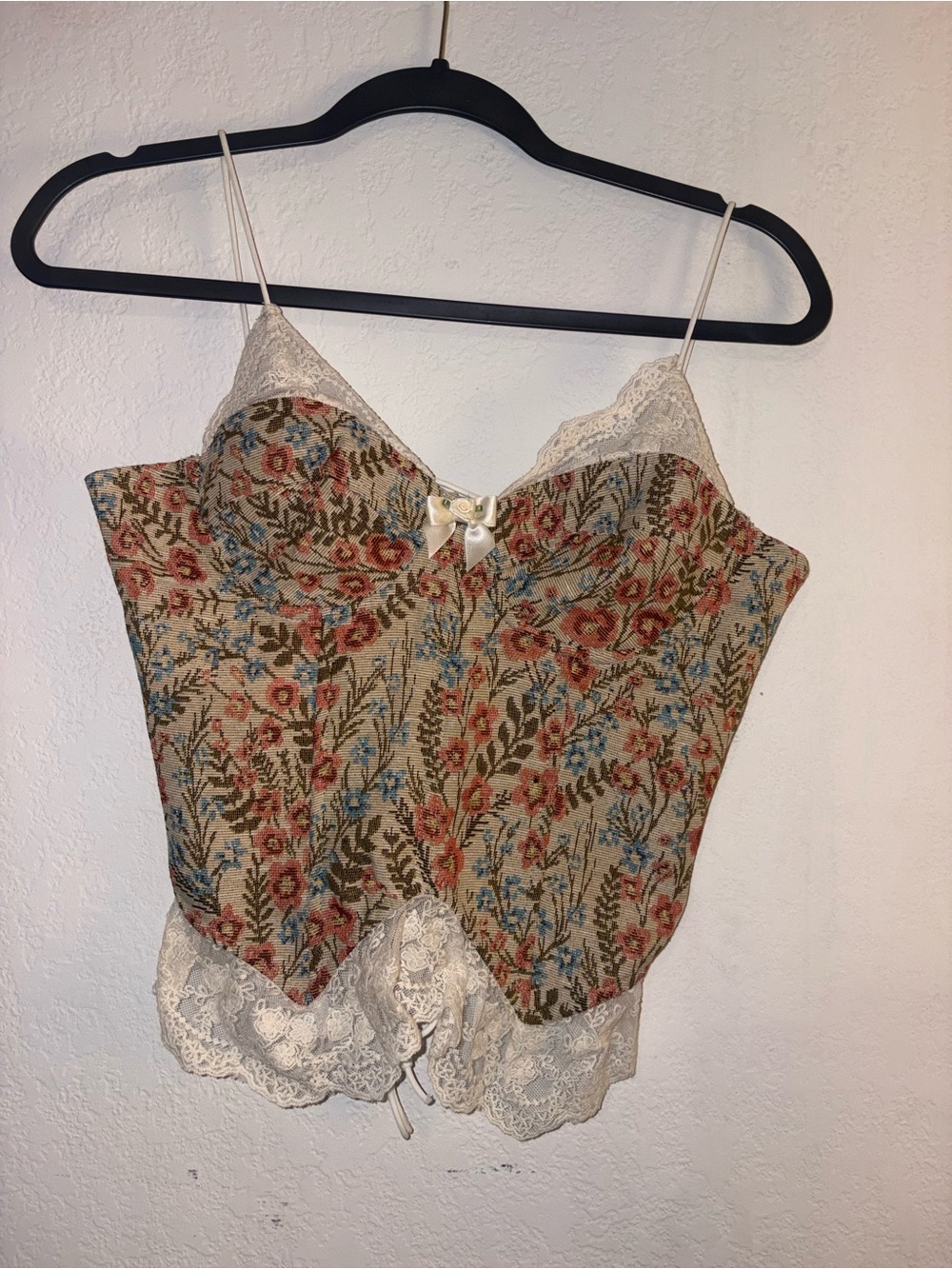 Floral Lace Trim Cami Top - Cream Multicolor